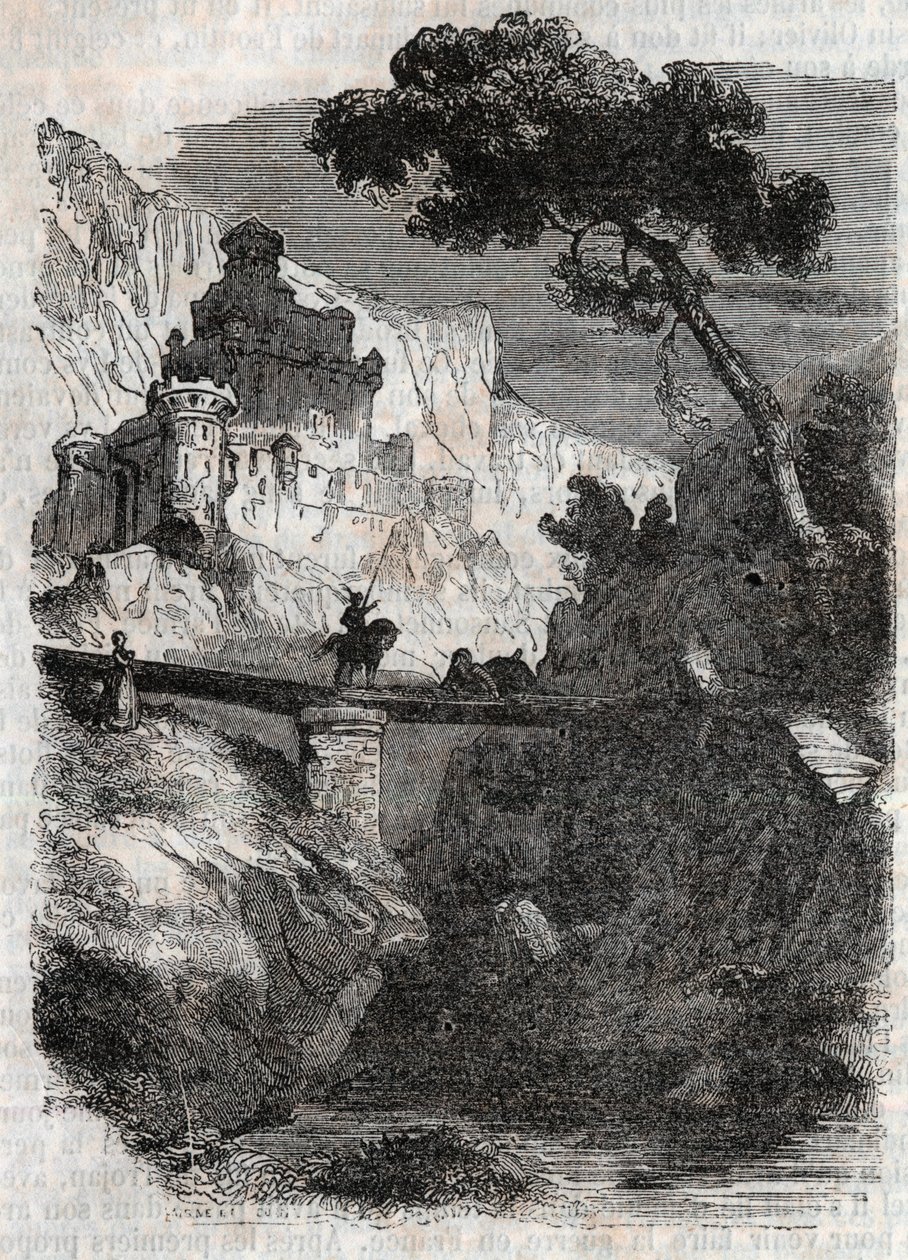 Rodomont vaincu par Bradamante - gravure de 1851 de "Roland furieux" (Orlando furioso) (16ème siècle) par Ludovico Ariosto, dit l