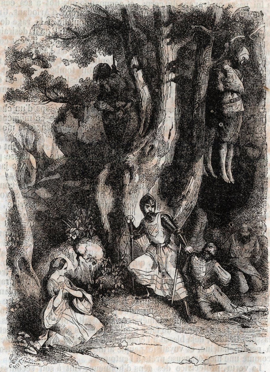 Roland et les sept brigands de la caverne - gravure de 1851 de « Roland furieux » (Orlando furioso) (16e siècle) par Ludovico Ariosto, traduit de l