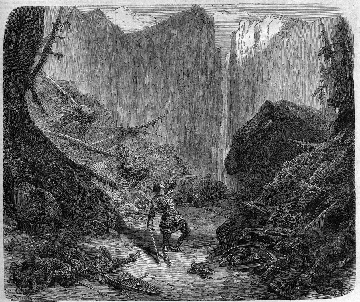 Roland soufflant dans son cor à la bataille de Roncevaux le 15 août 778. Dessin d