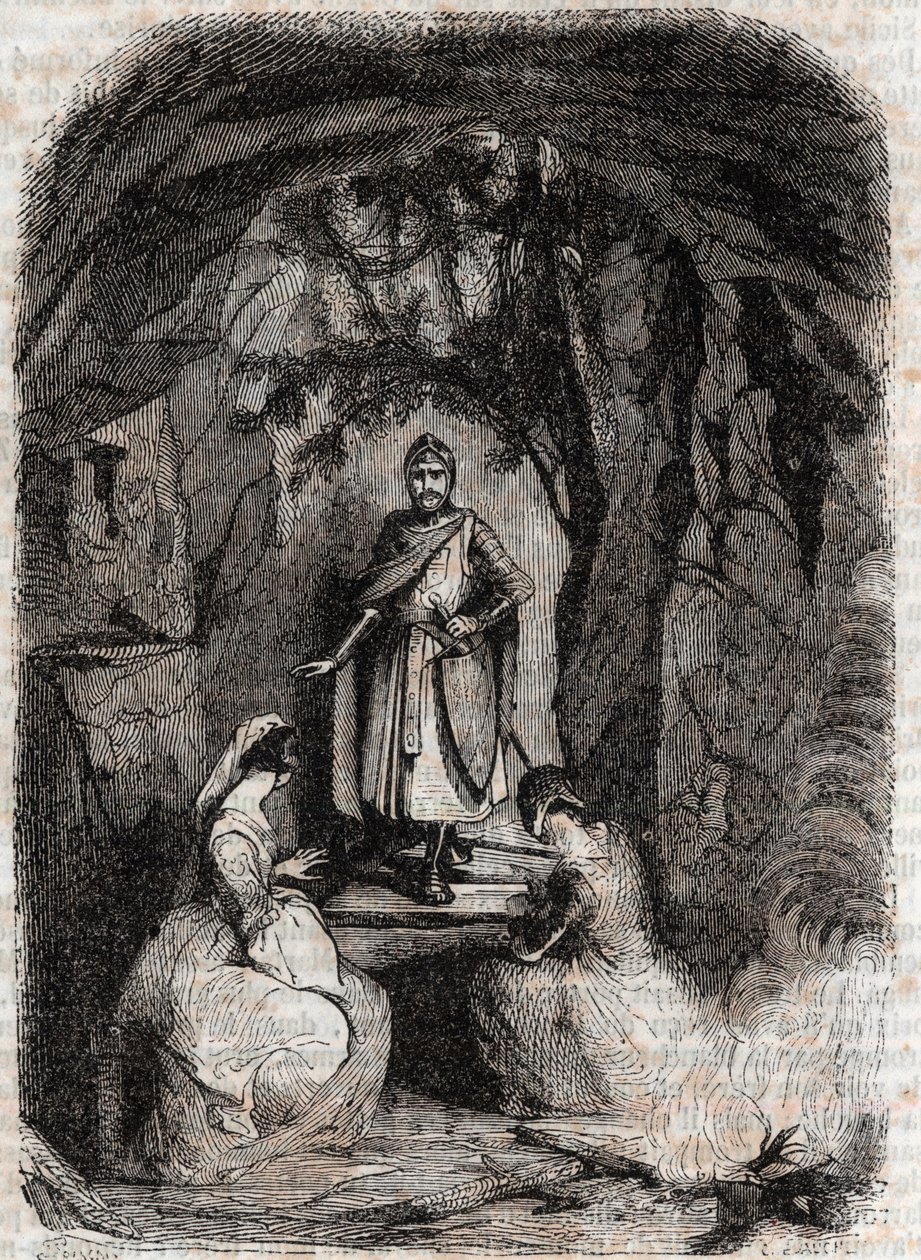 Roland voit Isabelle dans une grotte - gravure de 1851 de « Roland furieux » (Orlando furioso) (16e siècle) par Ludovico Ariosto, connu sous le nom d