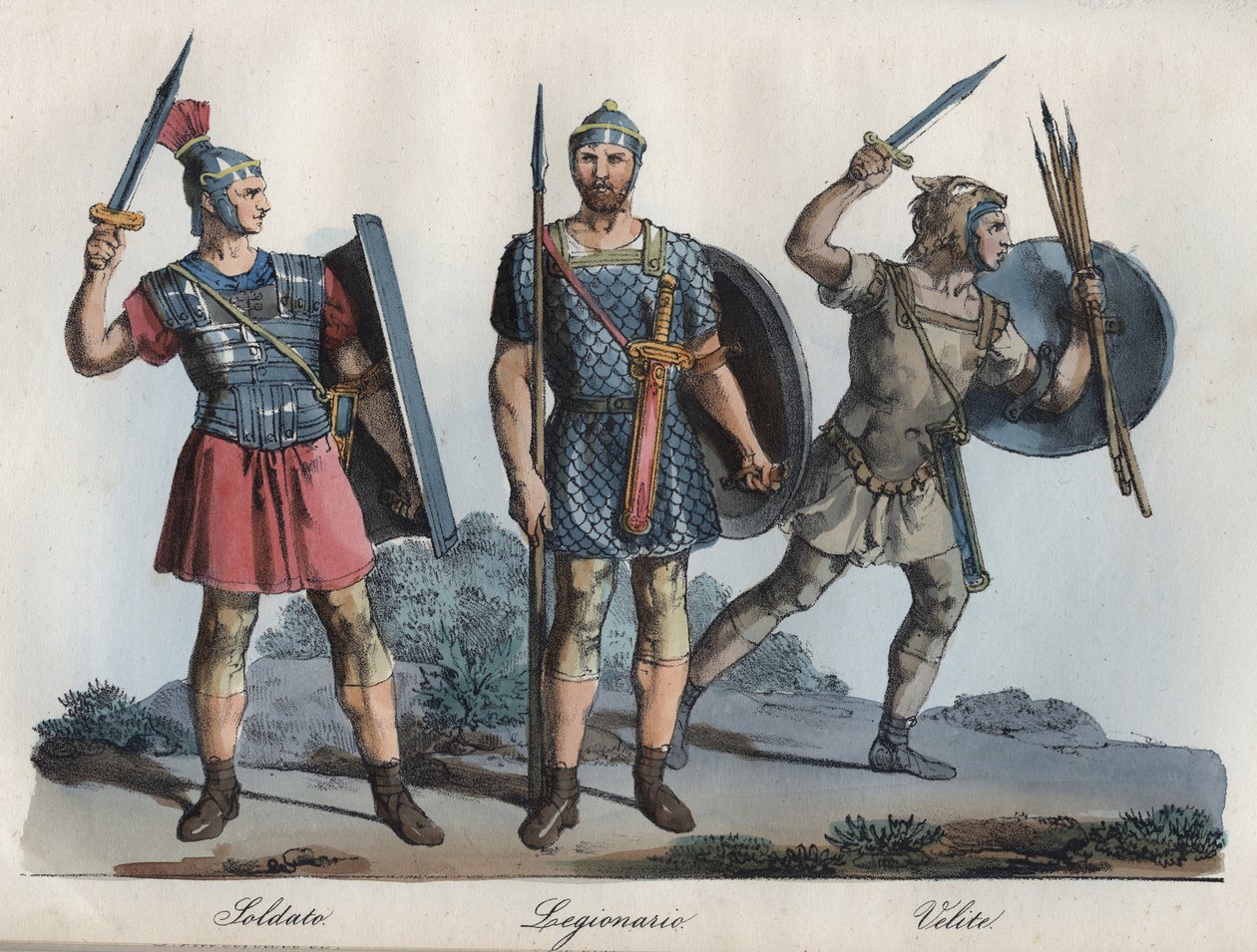 Soldat romain - Légionnaire - Velites (infanterie légère) - gravure de « Usi e Costumi di Tutti i Popoli dell