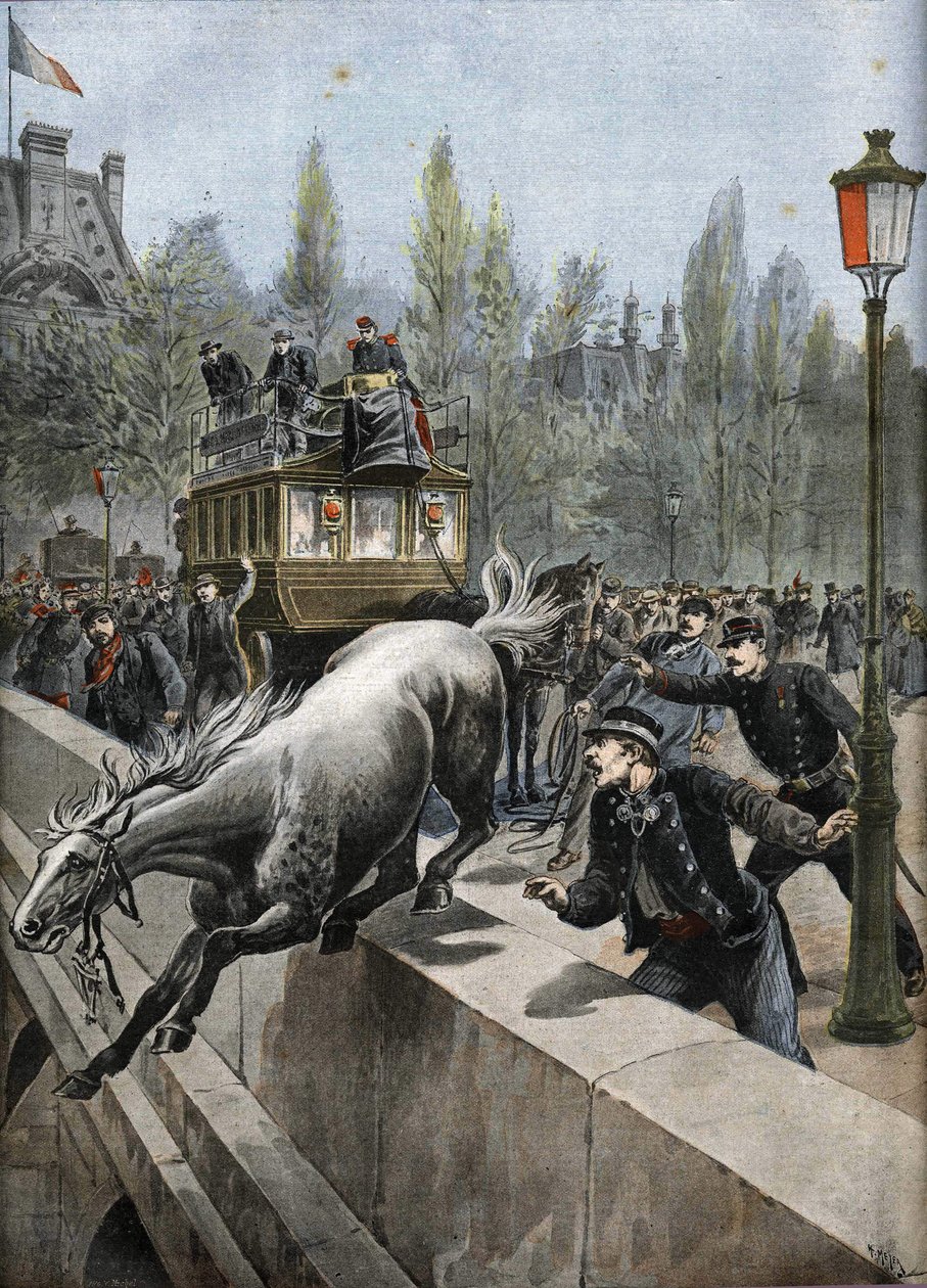 Pont royal à Paris en 1898 : un cheval s