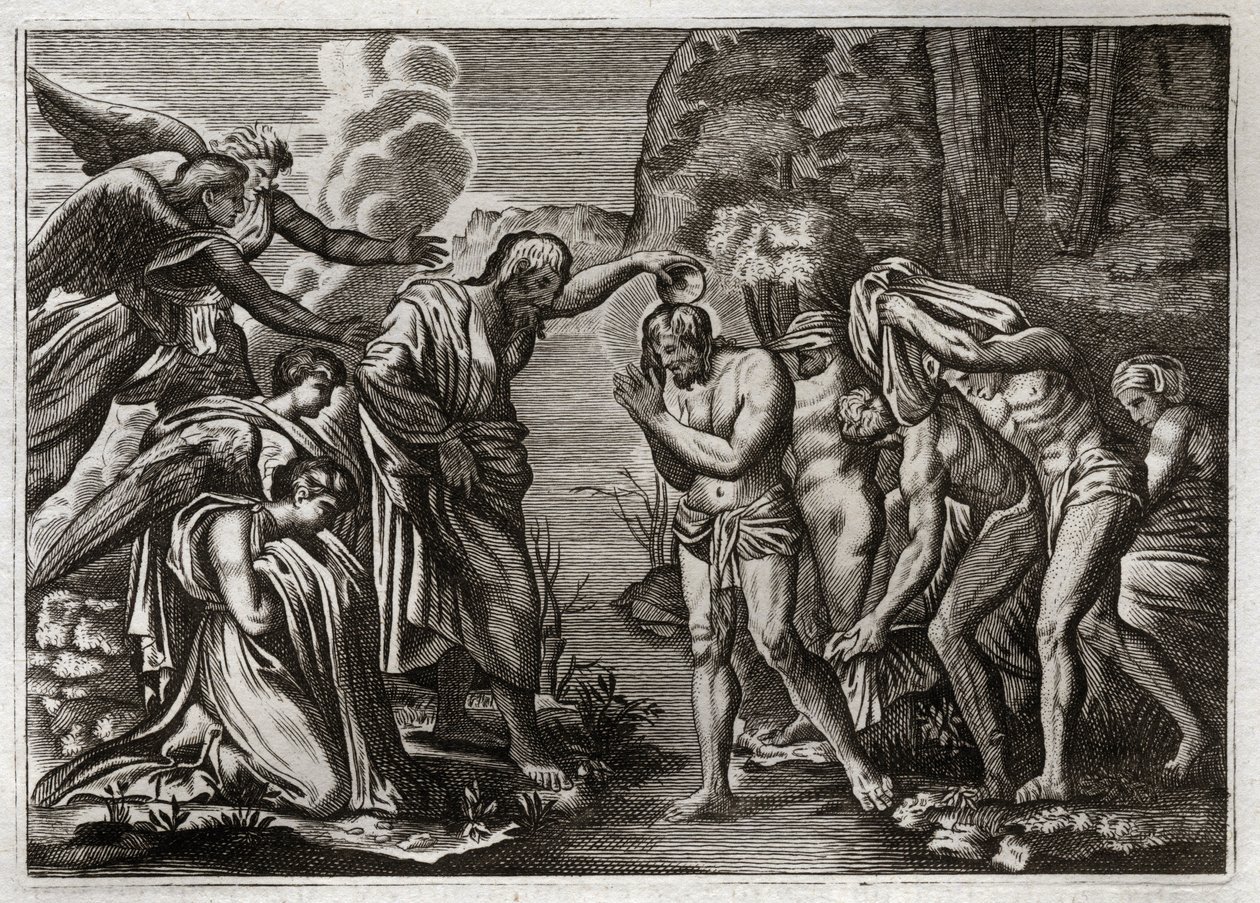 Bible de Royaumont, Nouveau Testament : Baptême de Jésus-Christ. Saint Jean-Baptiste baptisant Jésus-Christ dans les eaux du Jourdain. Illustration de 1811. - Unknown artist
