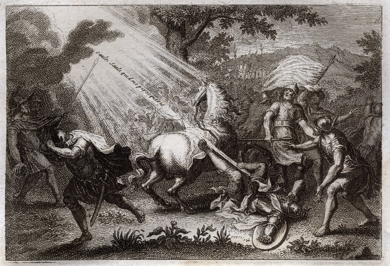 Bible de Royaumont, Nouveau Testament : Conversion de Saint Paul sur le chemin de Damas. Il entend la voix de Jésus-Christ qui lui dit « Saul, Saul, pourquoi me persécutes-tu ? » et un cheval tombe. Illustration de 1811. - Unknown artist
