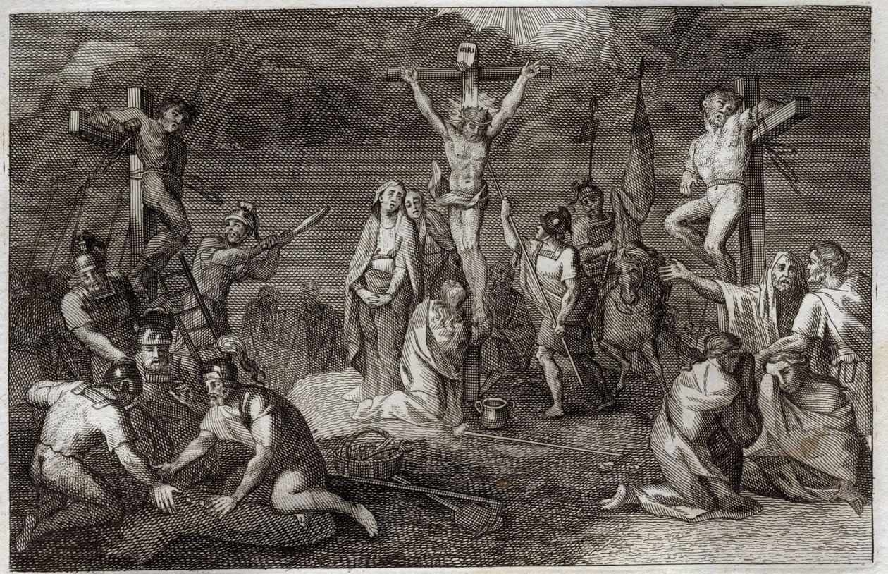 Bible de Royaumont, Nouveau Testament : Crucifixion de Jésus-Christ. La Vierge Marie, Sainte Marie-Madeleine et Saint Jean au pied de la croix, Saint Longin le Centurion (Saint Longinus) avec sa lance, des soldats jouant la tunique du Christ. Sur les côtés - Unknown artist