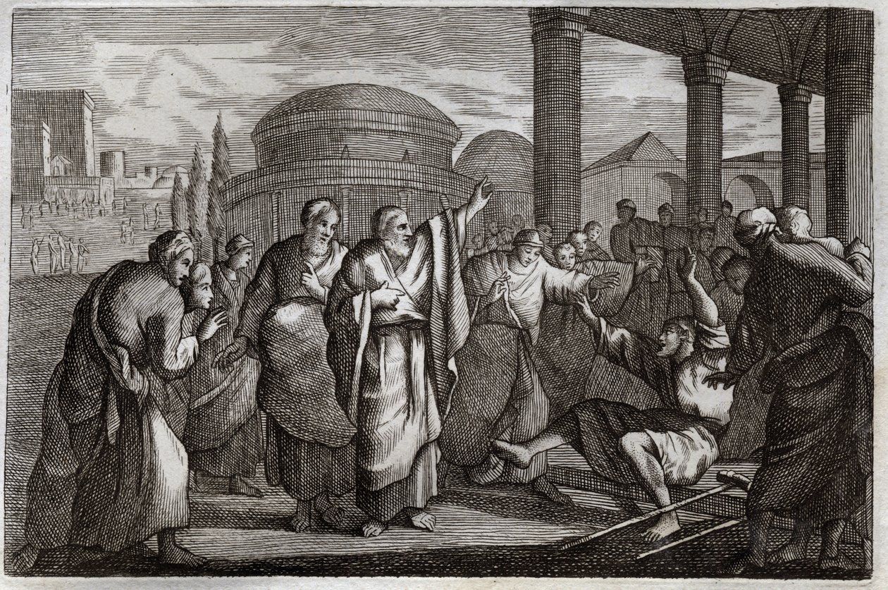 Bible de Royaumont, Nouveau Testament : Lame guéri. Saint Paul guérit un boiteux et arrête un peuple qui voulait lui sacrifier comme un dieu. Illustration de 1811. - Unknown artist