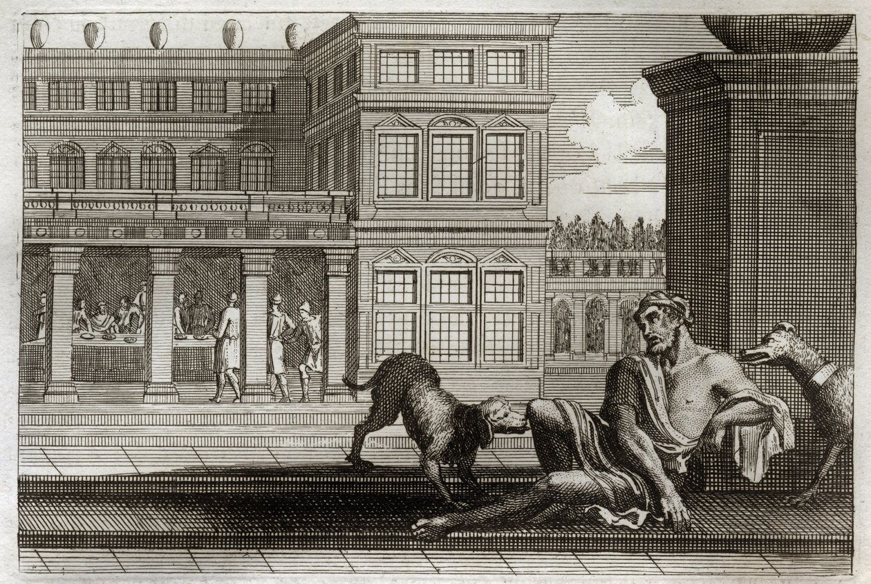 Bible de Royaumont, Nouveau Testament : Parabole du riche mauvais représenté à table au fond et Lazare le mendiant, dont les chiens du riche lèchent les plaies. Illustration de 1811. - Unknown artist
