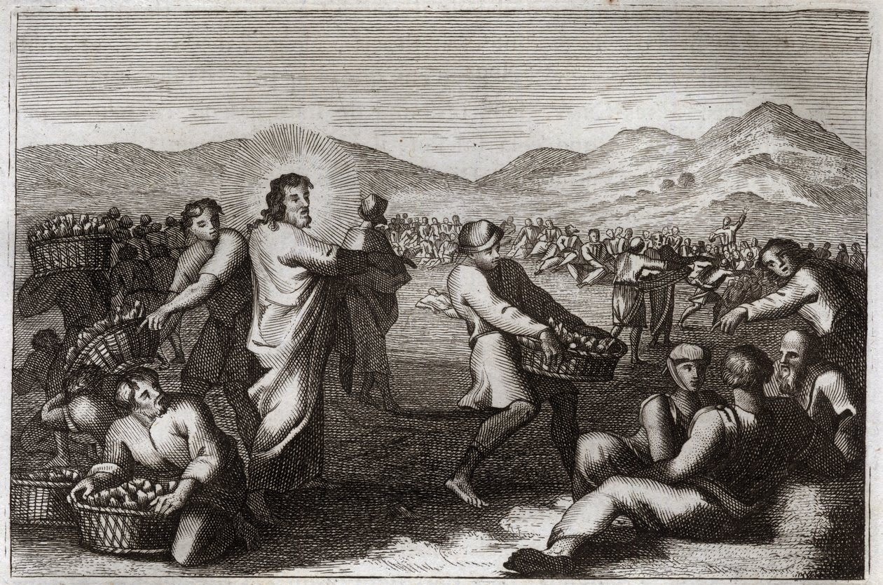 Bible de Royaumont, Nouveau Testament : Propagation des pains. Jésus-Christ multiplie cinq pains et nourrit cinq mille hommes. Illustration de 1811. - Unknown artist