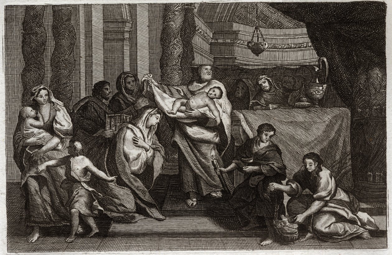 Bible de Royaumont, Nouveau Testament : Purification de la Vierge ou présentation au Temple. La Sainte Famille offre Jésus-Christ au Temple et le donne à Symeon (ou Siméon ou Simon). Une femme tient deux colombes dans un panier. Illustration de 1811 - Unknown artist