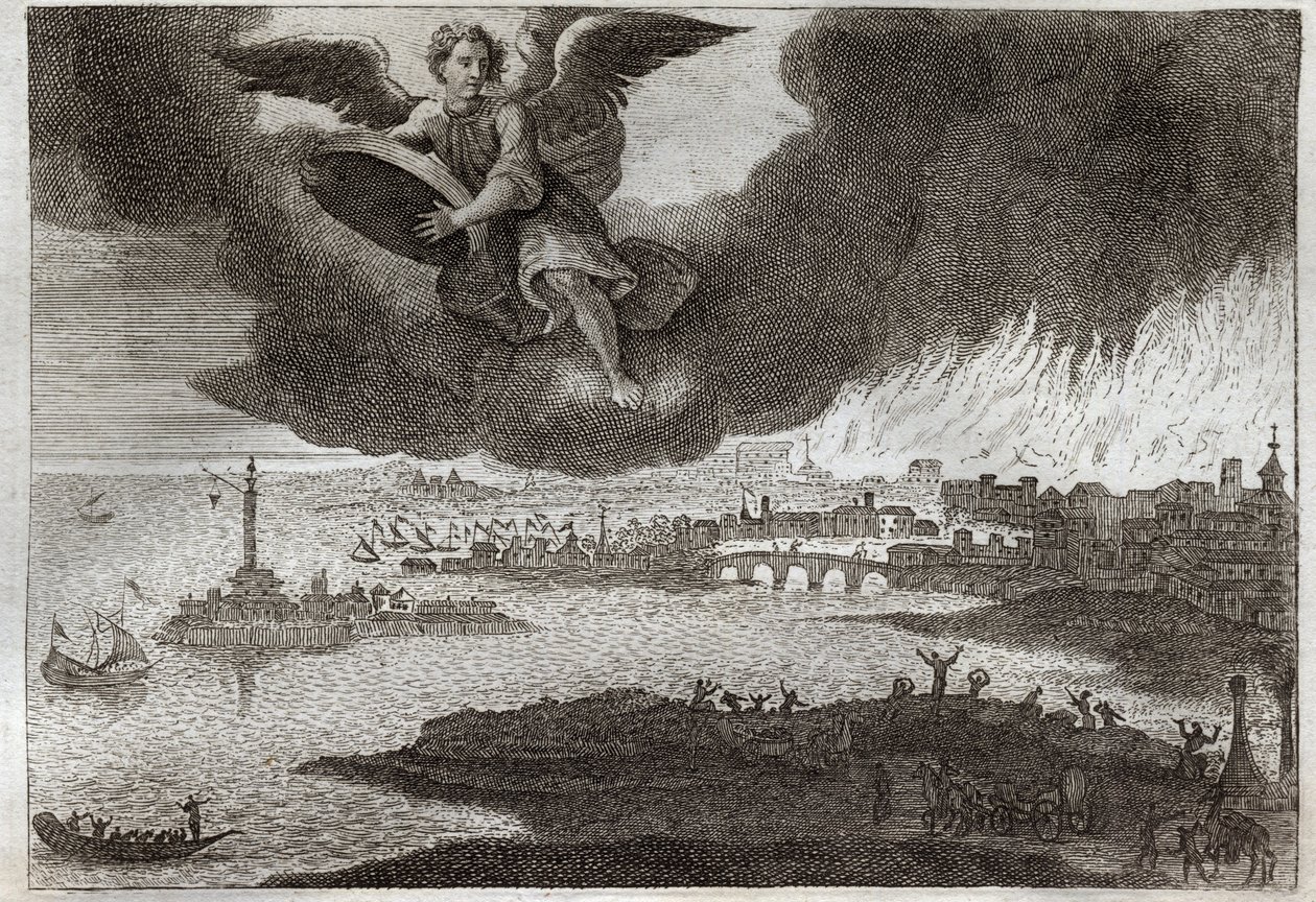 Bible de Royaumont, Nouveau Testament : Ruine de Babylone. Babylone en feu, un ange jette une pierre à la mer, symbolisant la destruction de cette ville lors de l