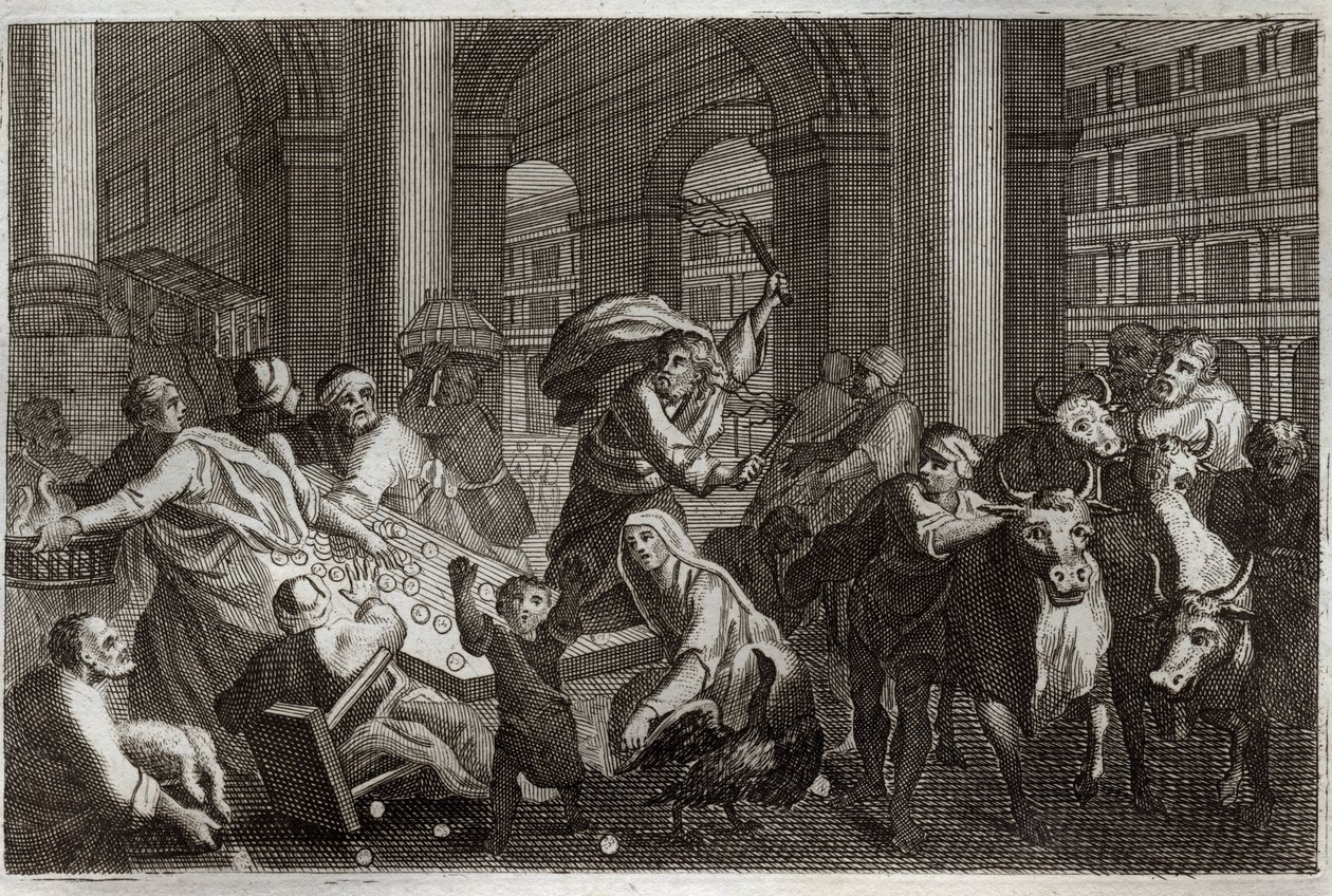 Bible de Royaumont, Nouveau Testament : Chasse des vendeurs du Temple. Jésus-Christ chasse du Temple ceux qui le profanaient par le trafic qu