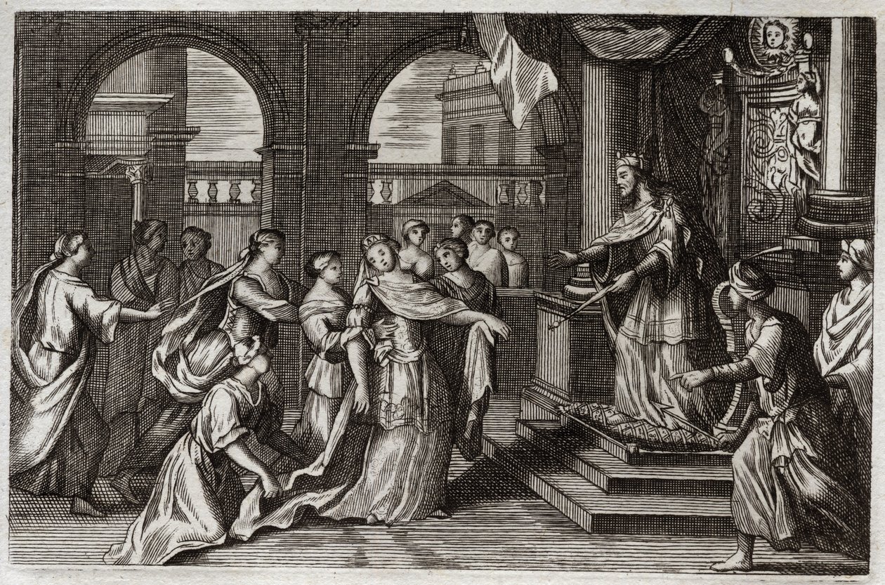 Bible de Royaumont, Ancien Testament : Esther se présente devant le roi Xerxès I (Assuérus I), avec l