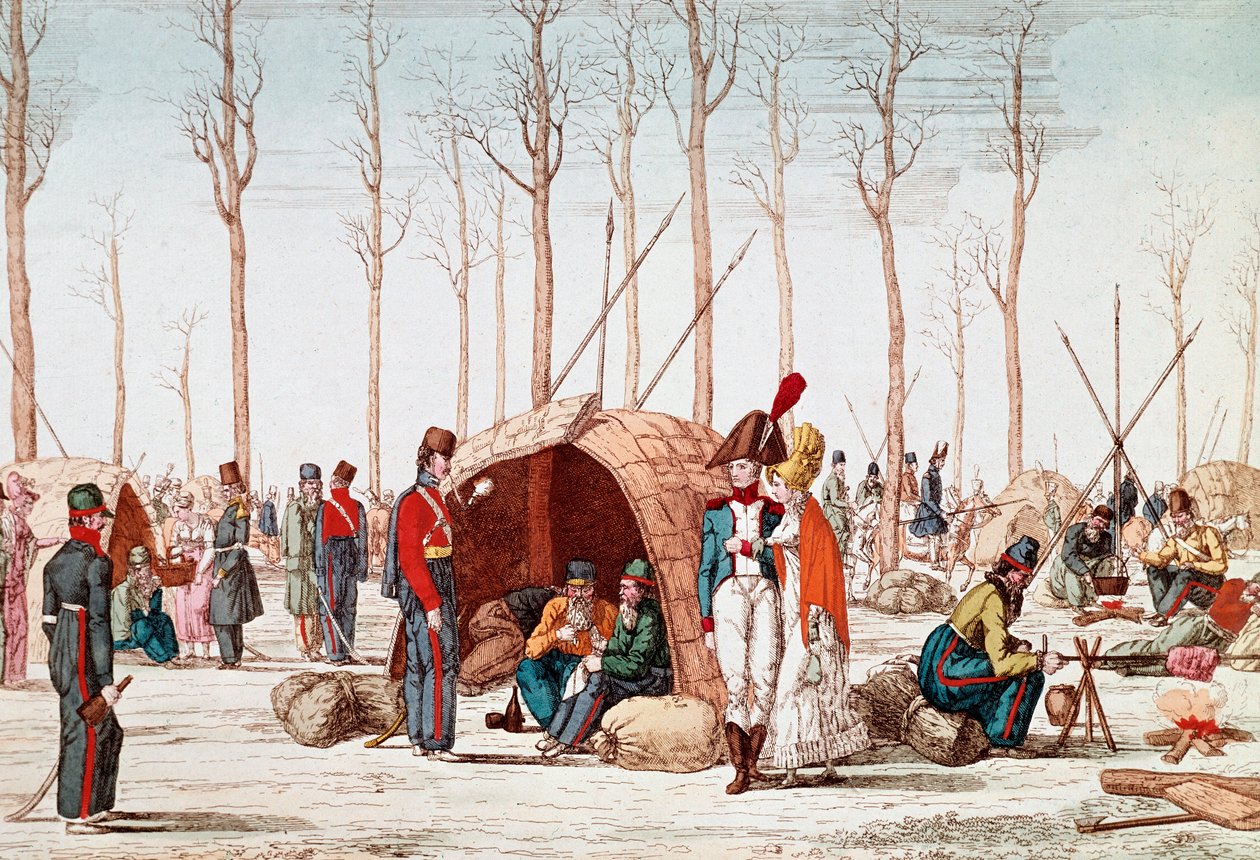 Soldats russes bivouaquant sur les Champs-Élysées, Paris, France, 31 mars 1814 (gravure) - Unknown artist