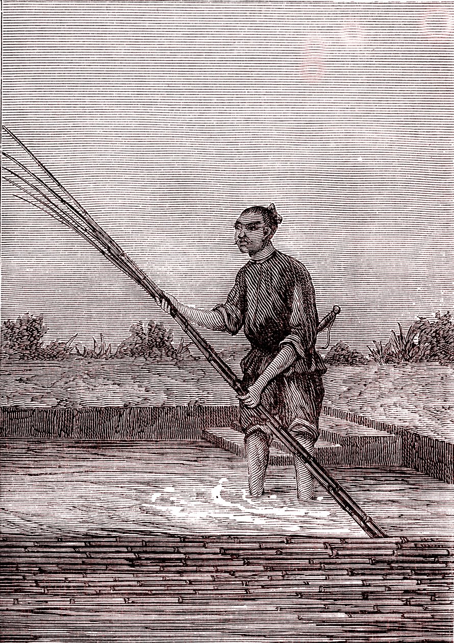 Rouiller le bambou mouillé, fabrication du papier en Chine (IIIe siècle av. J.-C.) (gravure) - Unknown Artist