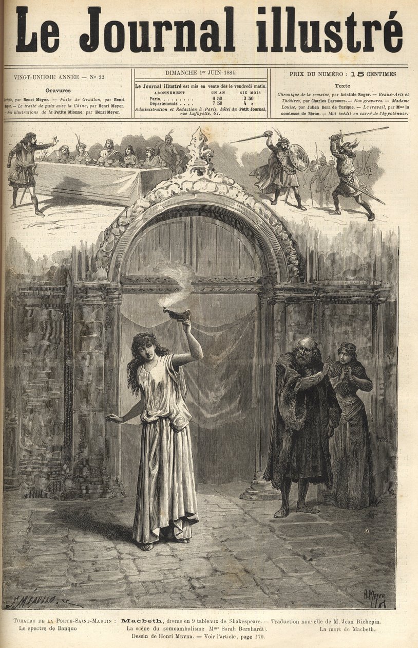 Sarah Bernhardt : Lady Macbeth dans "Macbeth", drame de Shakespeare, adapté par Jean Richepin - Théâtre de la Porte Saint-Martin - gravure dans "Le journal illustré" de 1884 - Unknown artist
