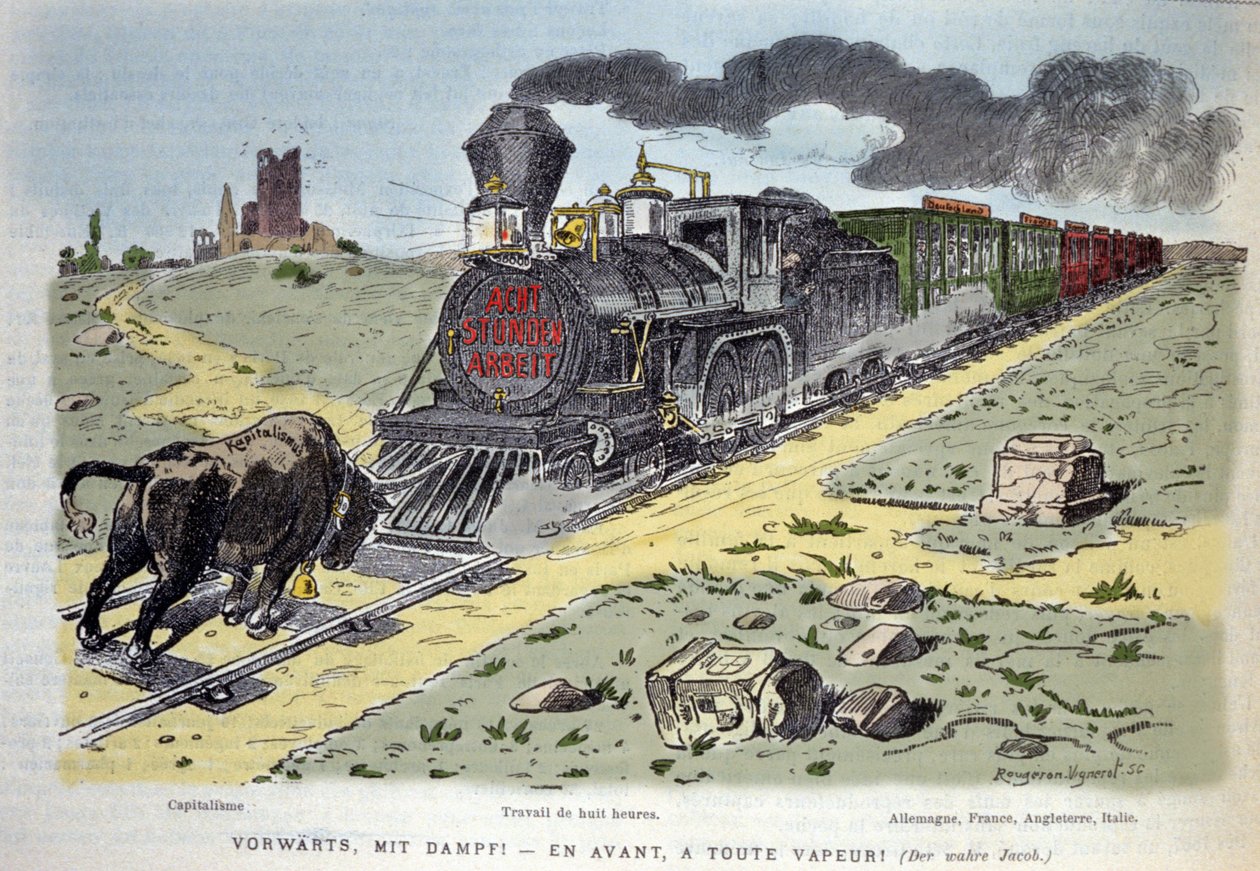 Vignette allégorique satirique : le taureau symbole du capitalisme tente d
