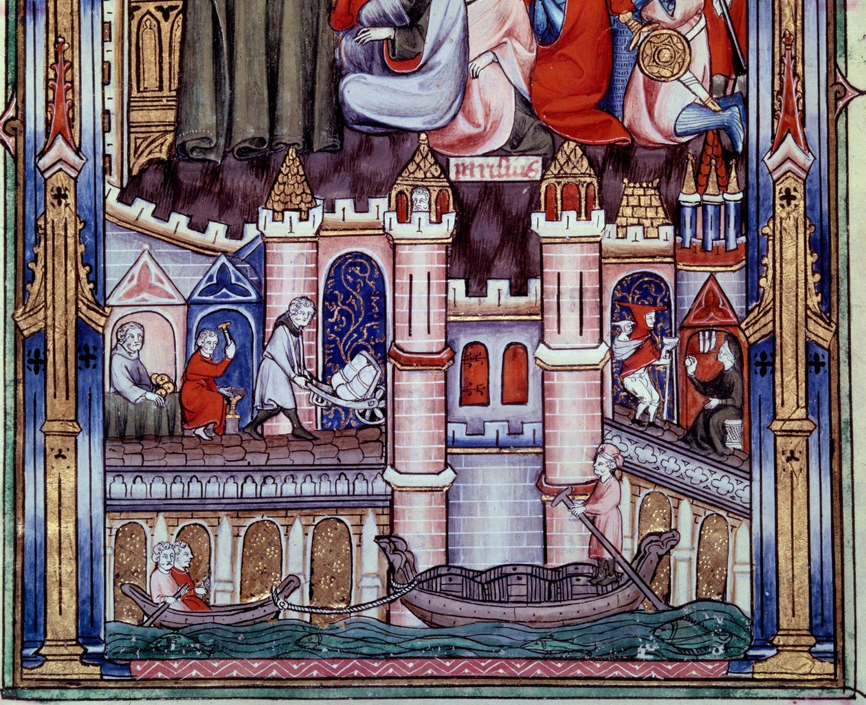 Scènes de travaux de construction et de navigation à Paris au Moyen Âge. Miniature du manuscrit « Vie de Saint Denis » par Yves, moine de Saint-Denis - Unknown artist