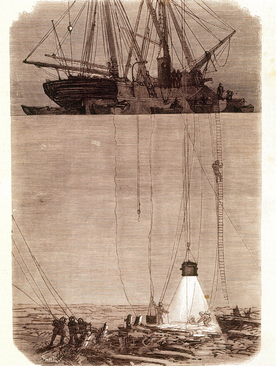 Recherche de galions espagnols naufragés dans la baie de Vigo en 1702. Page tirée de « Emporio Picturesco » 1871 - Unknown artist