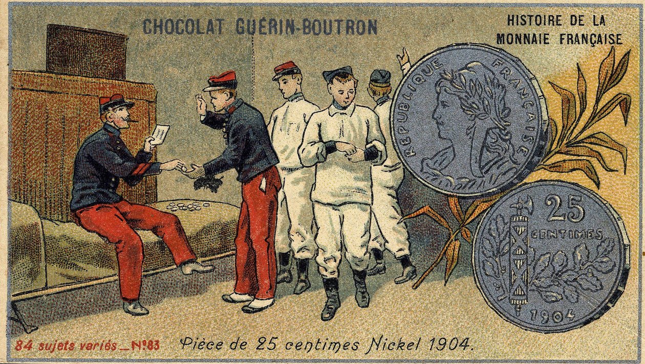 Série Histoire de la Monnaie Française publiée par Chocolat Guérin Boutron. Chromolithographie du 19ème siècle. Pièce de 25 centimes. Nickel 1904 - Unknown artist