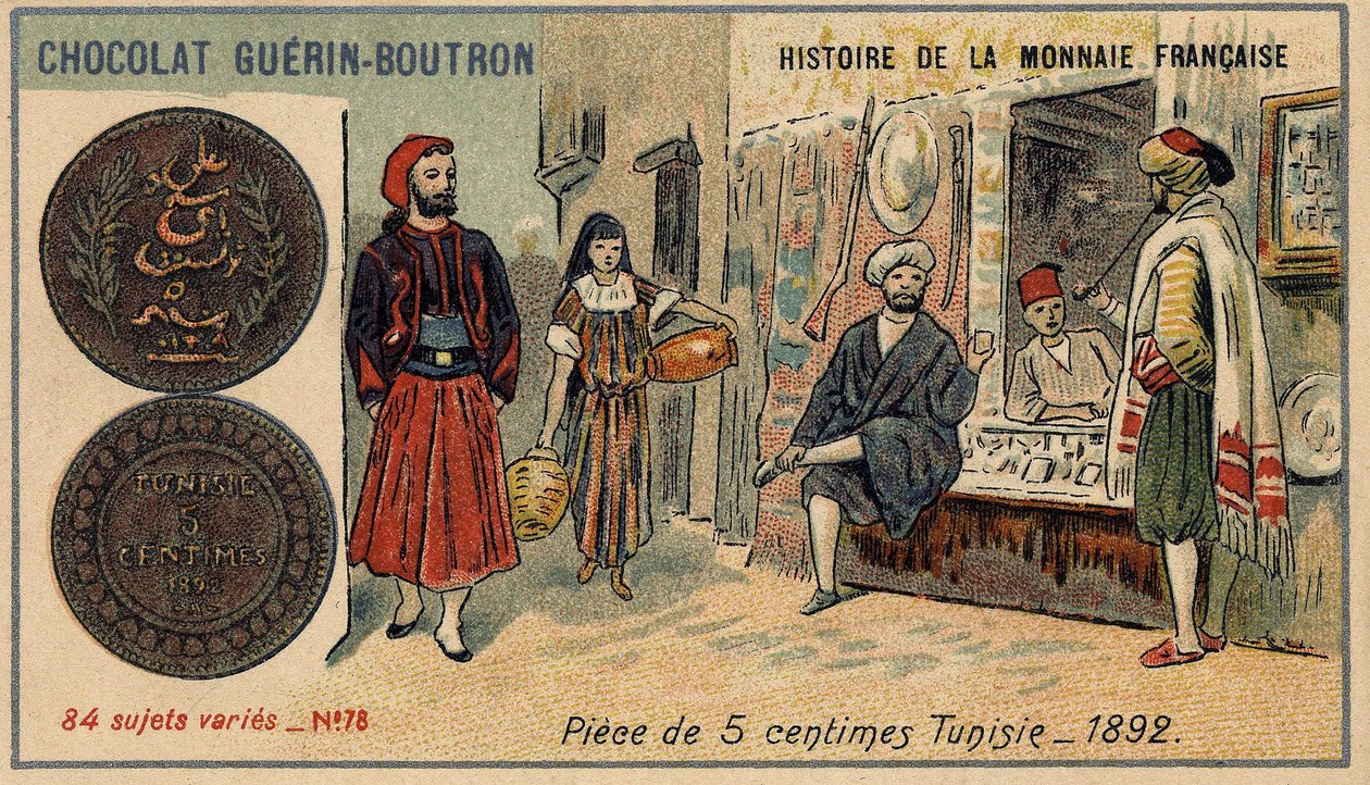 Série Histoire de la Monnaie Française publiée par Chocolat Guérin Boutron. Chromolithographie du 19ème siècle. Pièce de 5 centimes en Tunisie en 1892 - Unknown artist