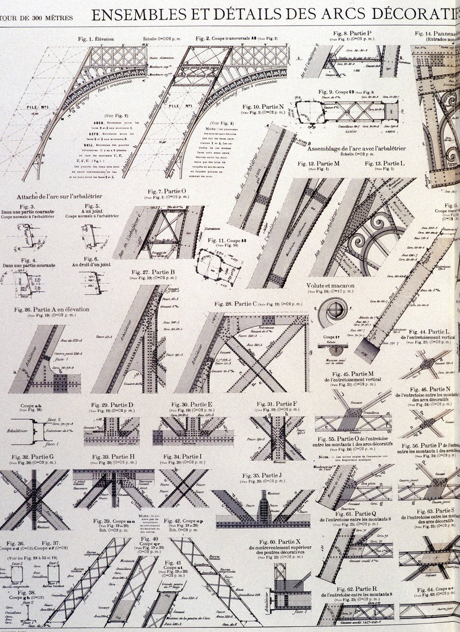 Ensembles et détails des arches décoratives de la Tour Eiffel - dessin industriel - Unknown artist