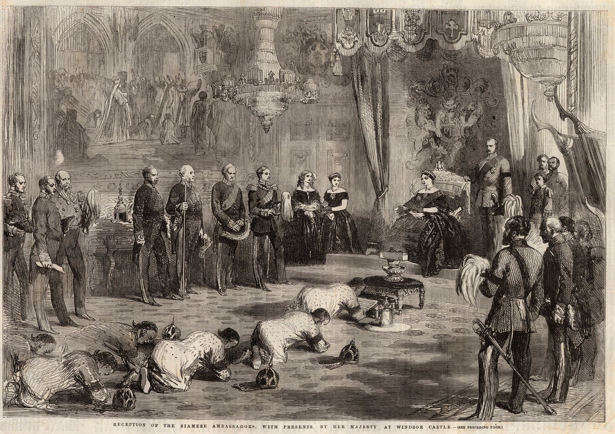 Les ambassadeurs siamois rampant devant la reine Victoria et le prince Albert lors de leur visite au château de Windsor. Gravure dans The Illustrated London News du 5 décembre 1857. - Unknown artist