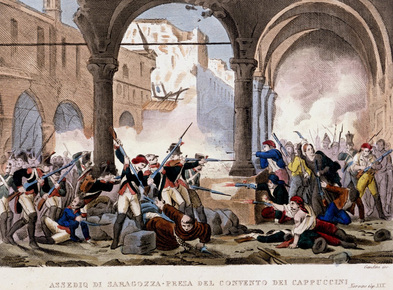 Siège de Saragosse et le couvent des Capucins en 1808. Gravure en couleur de l