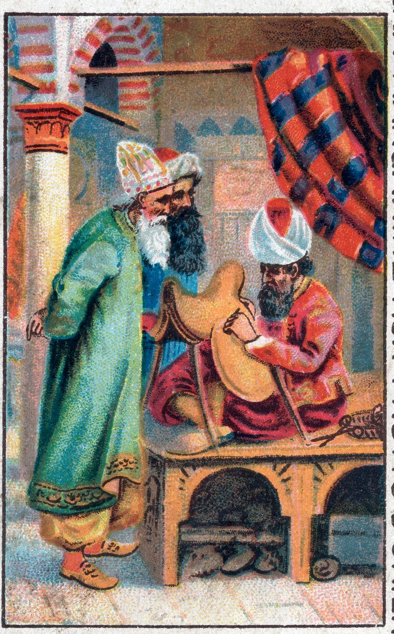 Sindbad fabrique une selle. Les merveilleuses aventures de Sindbad le marin. Conte populaire des 1001 nuits. Chromolithographie de la fin du XIXe siècle. - Unknown artist