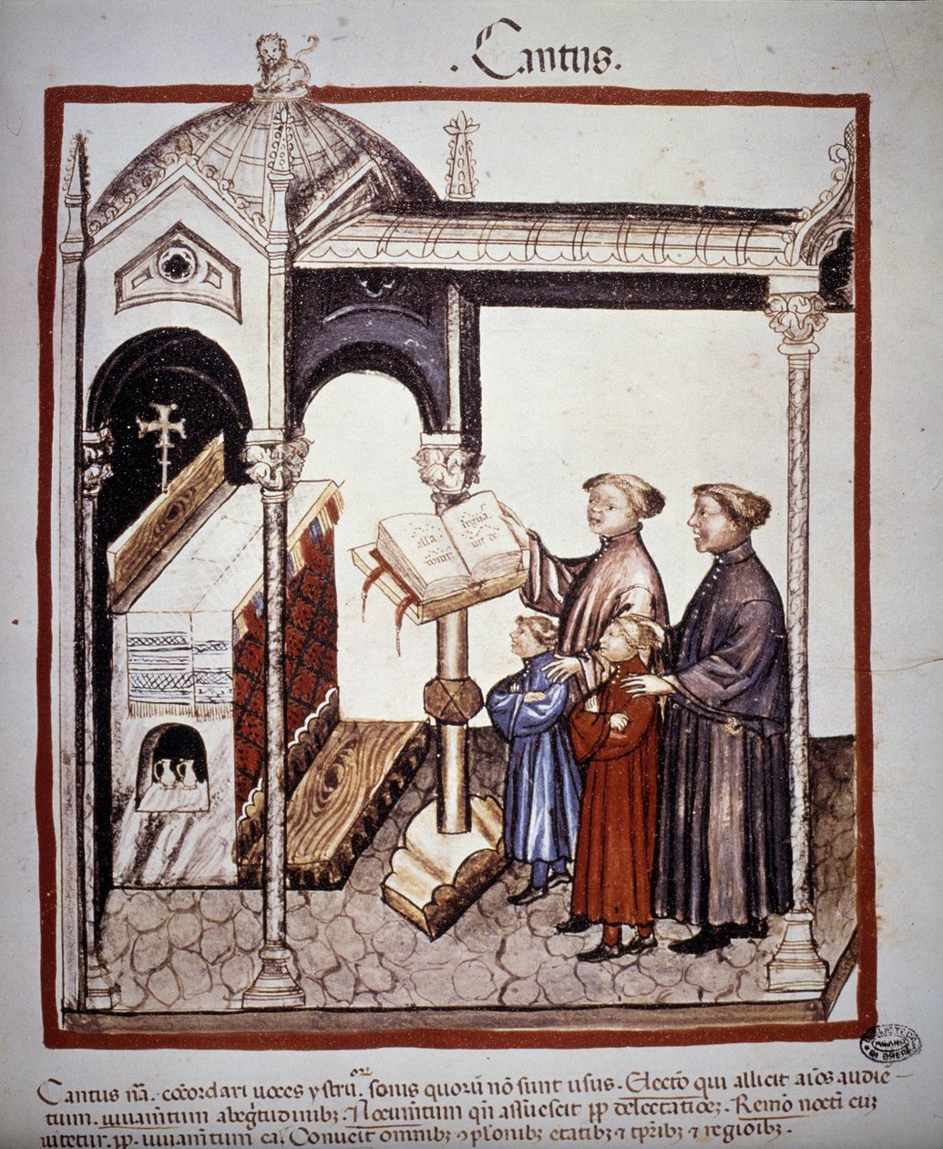 Chant (une famille chantant dans une église) - dans « Tacuinum Sanitatis » du XIVe siècle. B.N, Vienne. - Unknown artist