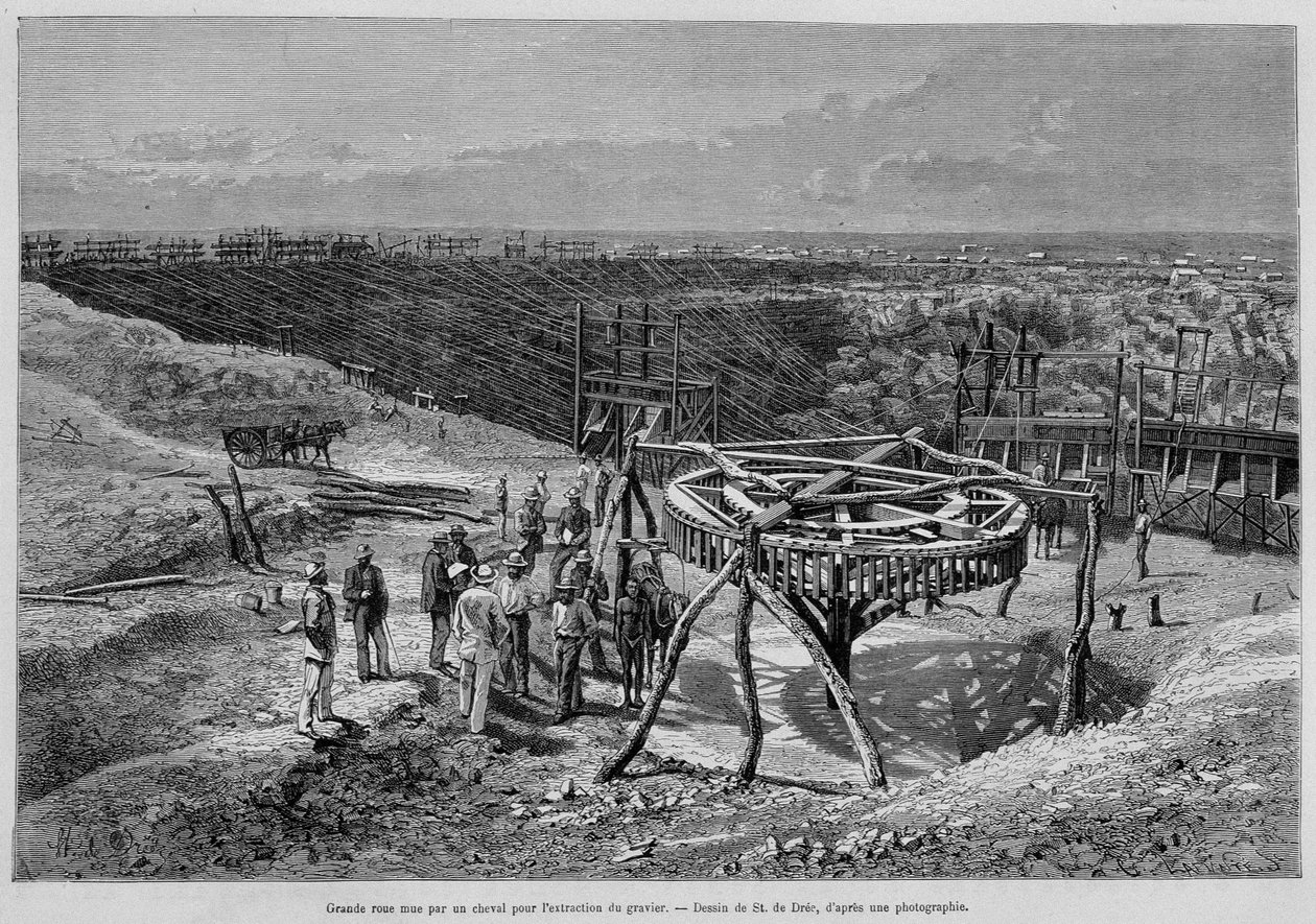 Mines de diamants sud-africaines : moulin à gravier tiré par des chevaux - dans « Tour du Monde », 2ème semaine 1878 - Unknown artist