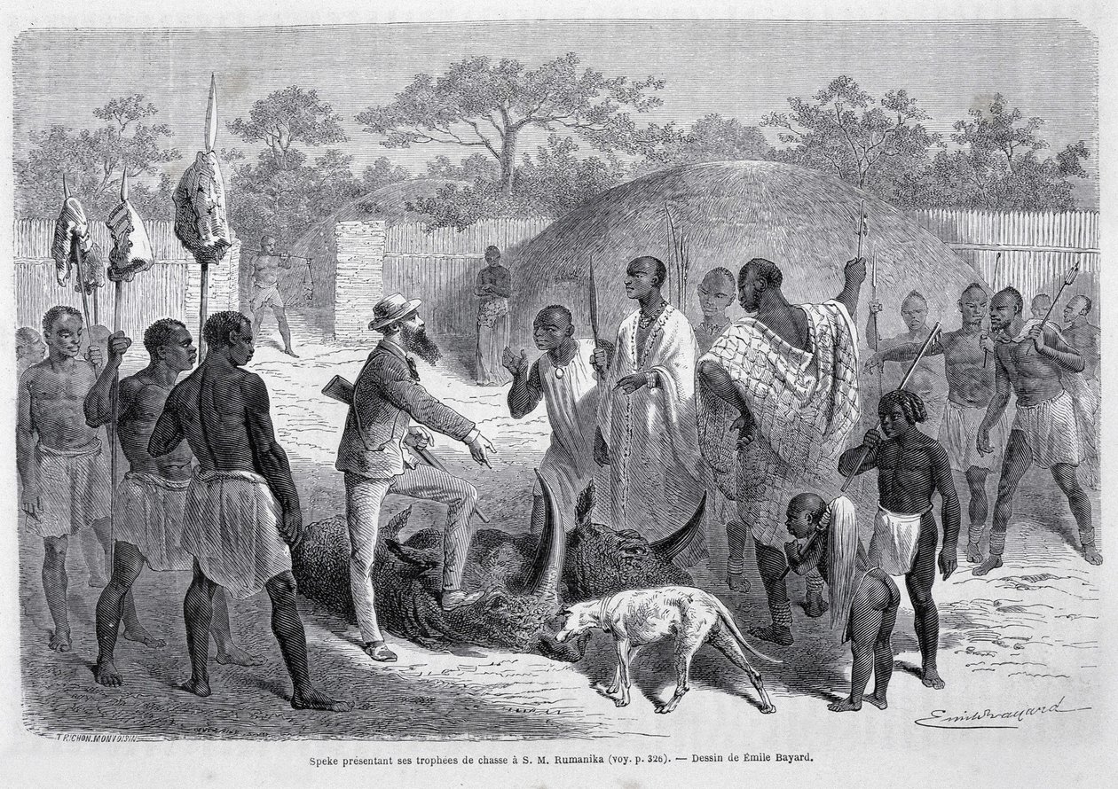 Speke présentant ses trophées de chasse à S.M. Rumanika - dans « Tour du Monde » - Unknown artist
