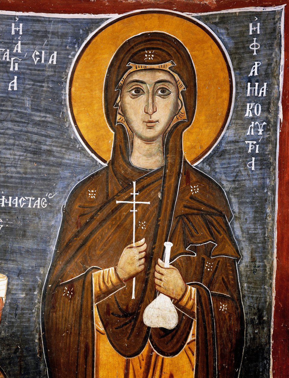 Sainte Anastasie, guérisseuse de chevaux avec une bouteille de remèdes et une croix, église byzantine de Notre-Dame d