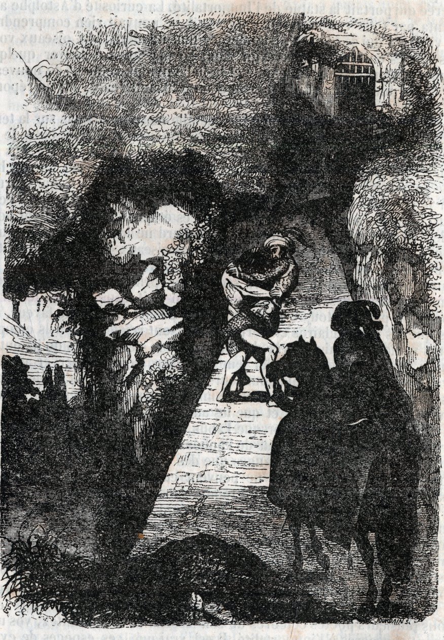 Lutte entre Roland et Rodomont - gravure de 1851 de « Roland furieux » (Orlando furioso) (16ème siècle) par Ludovico Ariosto, dit l