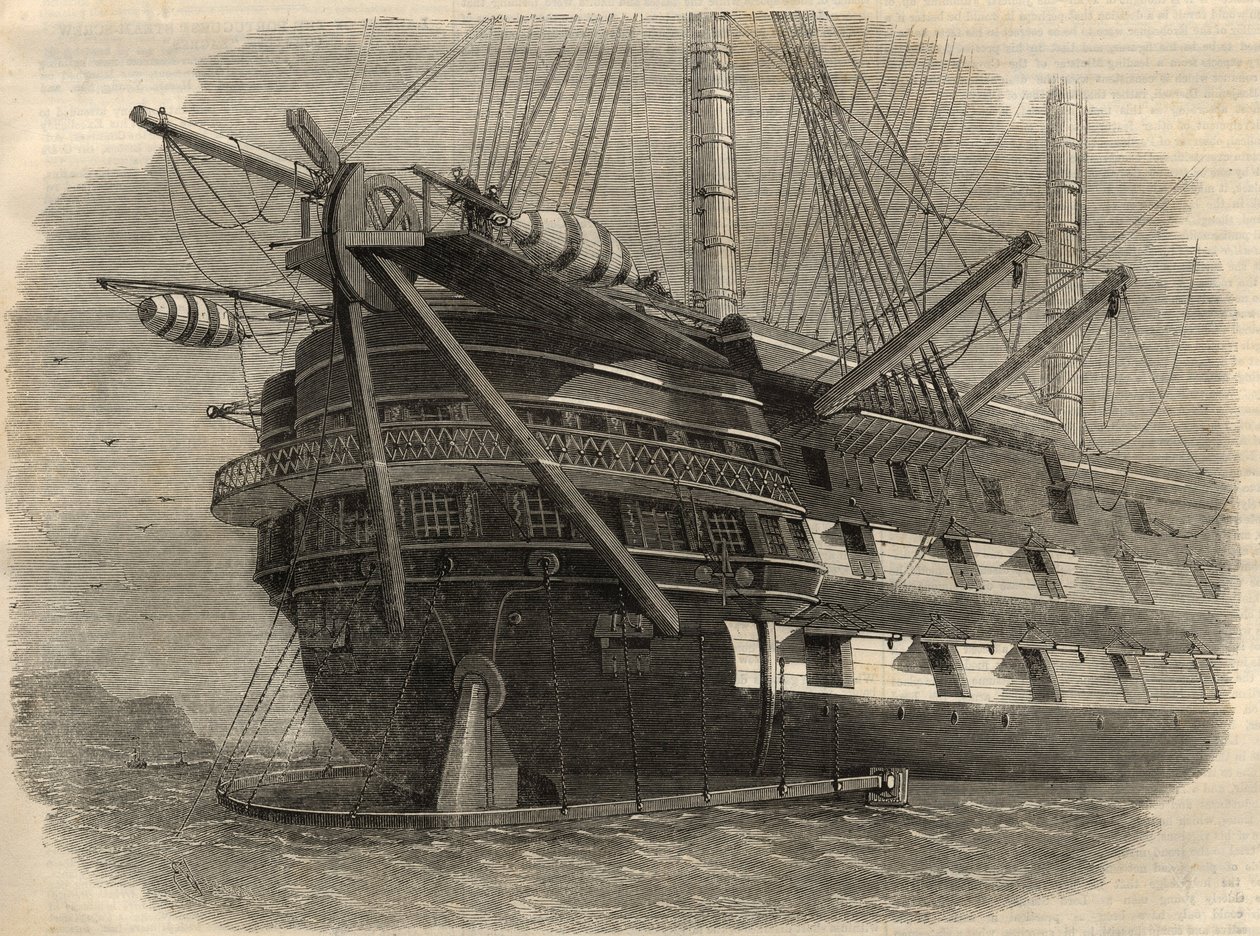 Télégraphie : vue de la poupe du navire H.M.S. « Agamemnon » qui posera le premier câble transatlantique. Gravure dans « The Illustrated London News » du 5 juin - Unknown artist