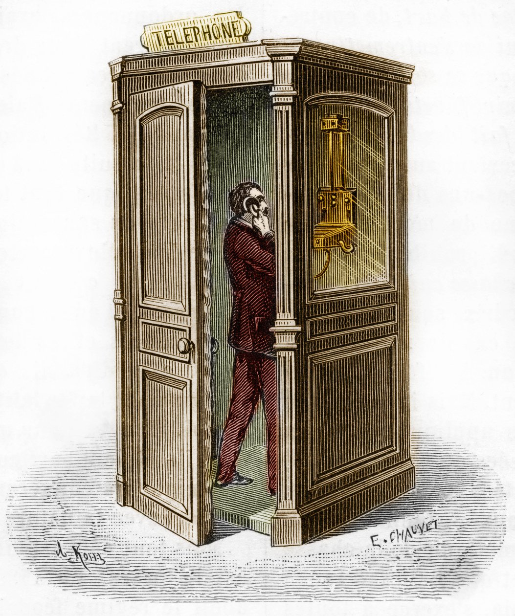 Cabine téléphonique en 1888. Gravure dans « Le Journal de la Jeunesse » - Unknown artist