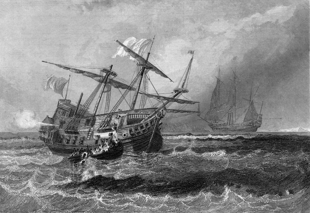 Le Corbin perdu sur le récif aux Maldives le 1er juillet 1602. Dans « Histoire générale de la marine » de Van Tenac. - Unknown artist