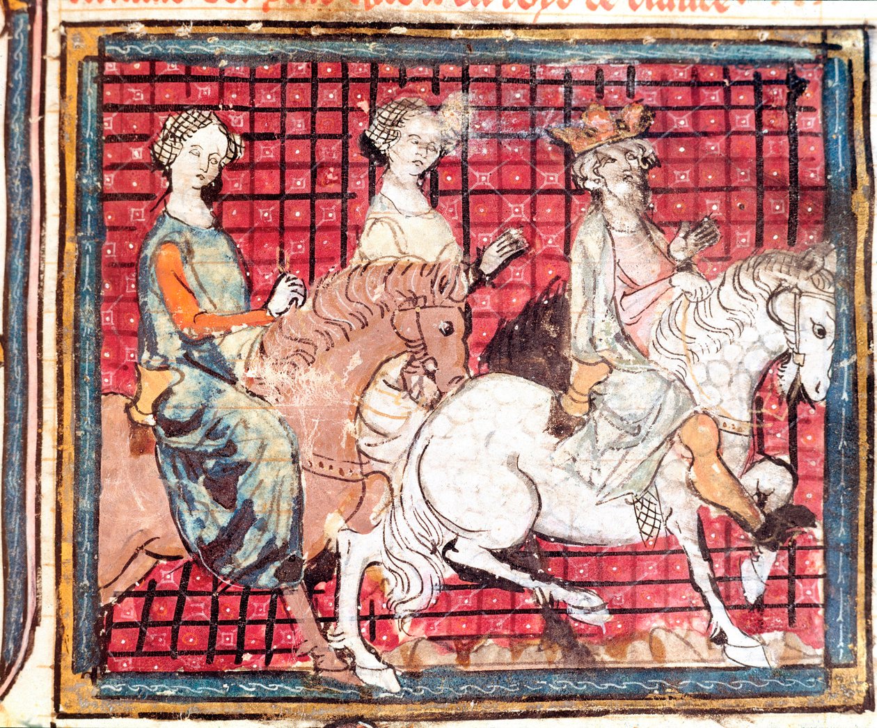 Le roi des Francs Chilpéric Ier (543-597) et Frédégonde à cheval. Miniature tirée de "Grandes Chroniques de France" 1375-1379 Bibliothèque municipale, Castres - Unknown artist