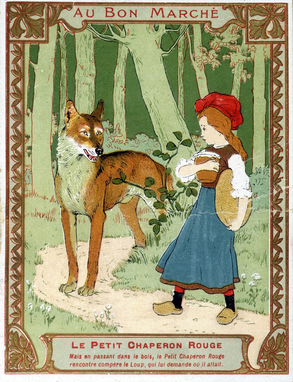 Le Petit Chaperon Rouge rencontre le loup - étiquette publicitaire du Bon Marché - Unknown artist