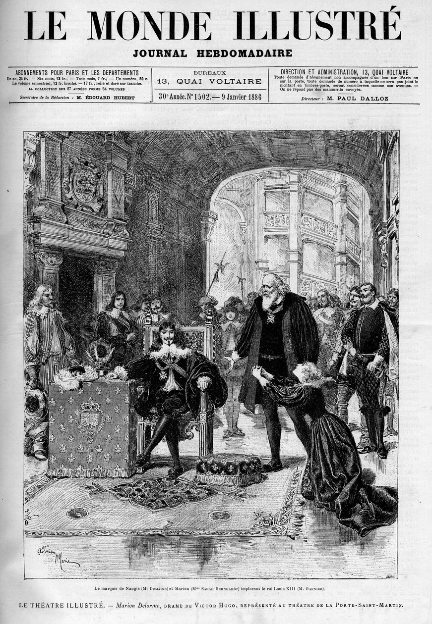 Le marquis de Nangis (interprété par Dumaine) et Marion (par Sarah Bernhardt) implorant le roi Louis XIII (Garnier). Pièce de théâtre "Marion Delorme", drame de Victor Hugo (1802-1885) joué au théâtre de la Porte Saint-Martin après avoir été interdit par.. - Unknown artist