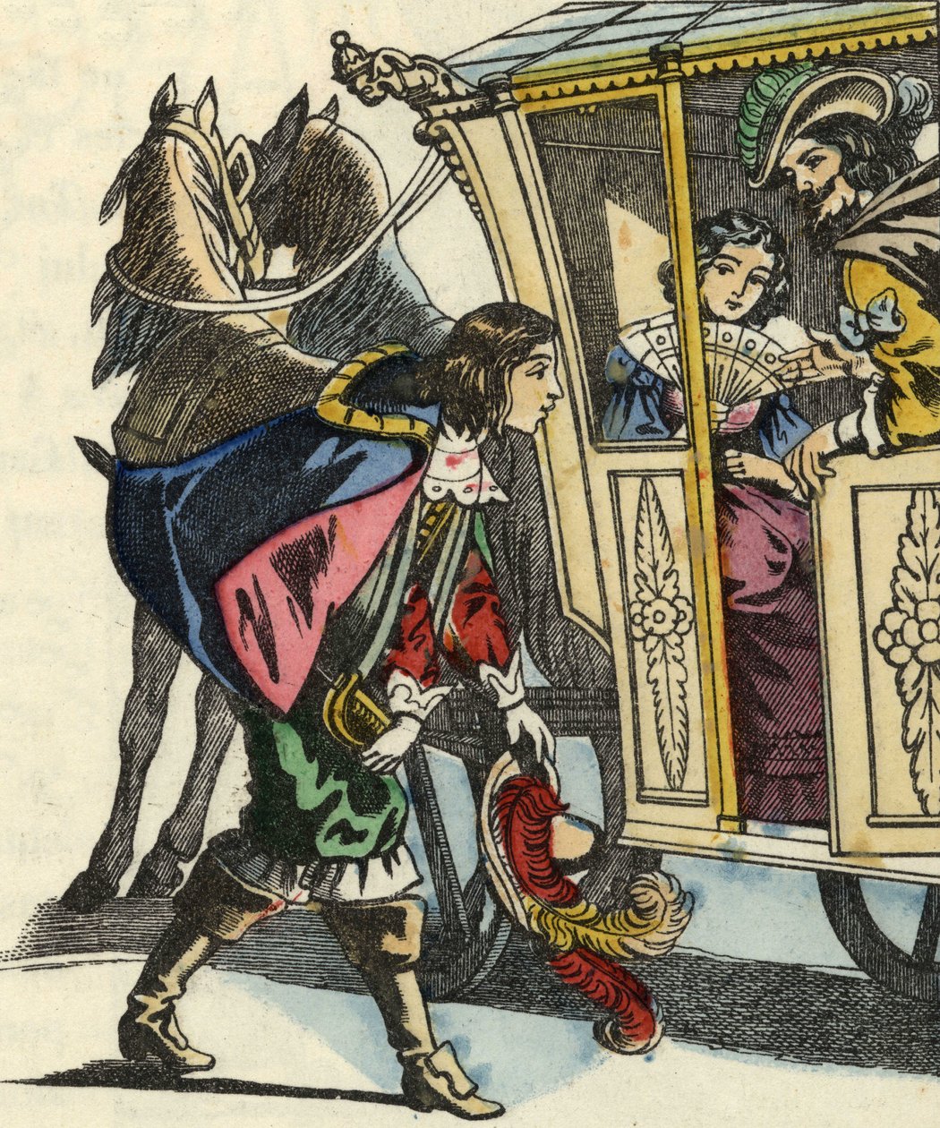 Le marquis de Carabas salue le roi et la princesse dans leur carrosse. Illustration du conte "Le chat botté" de Charles Perrault. - Unknown artist