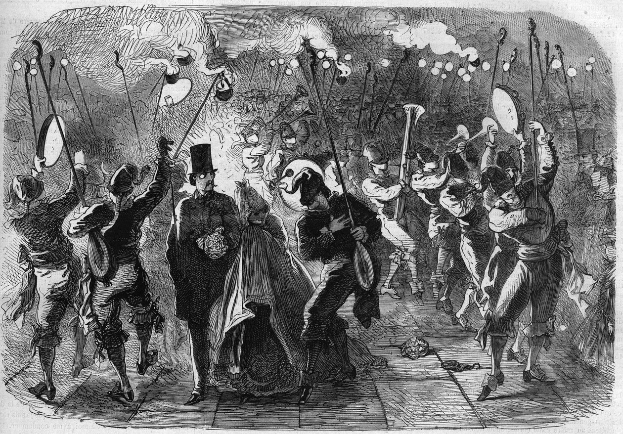 Le Carnaval de Venise : Mascarade sur la place Saint-Marc (Piazza San Marco). Gravure dans « L
