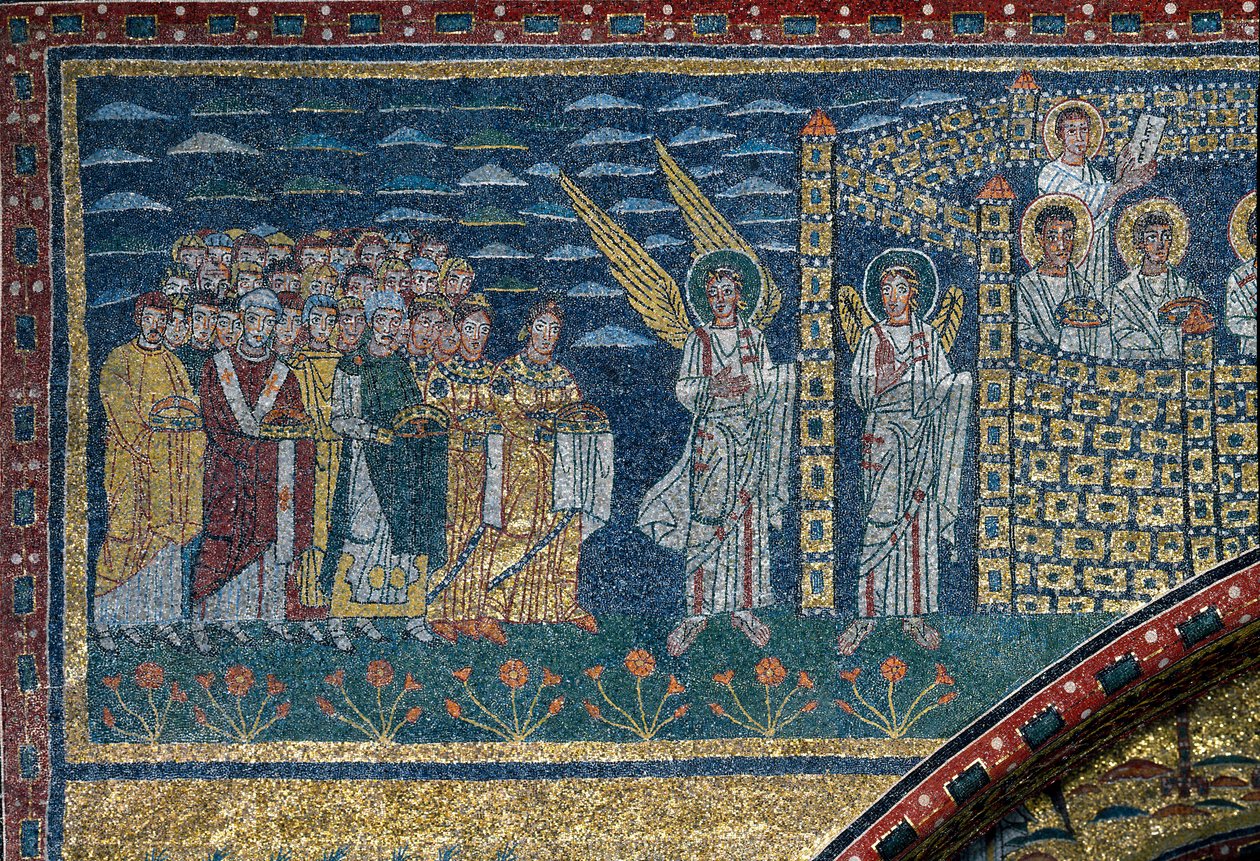 La Vision de Jérusalem Céleste : Les Élus se dirigent vers la ville gardée par des anges. (détail) - Unknown artist