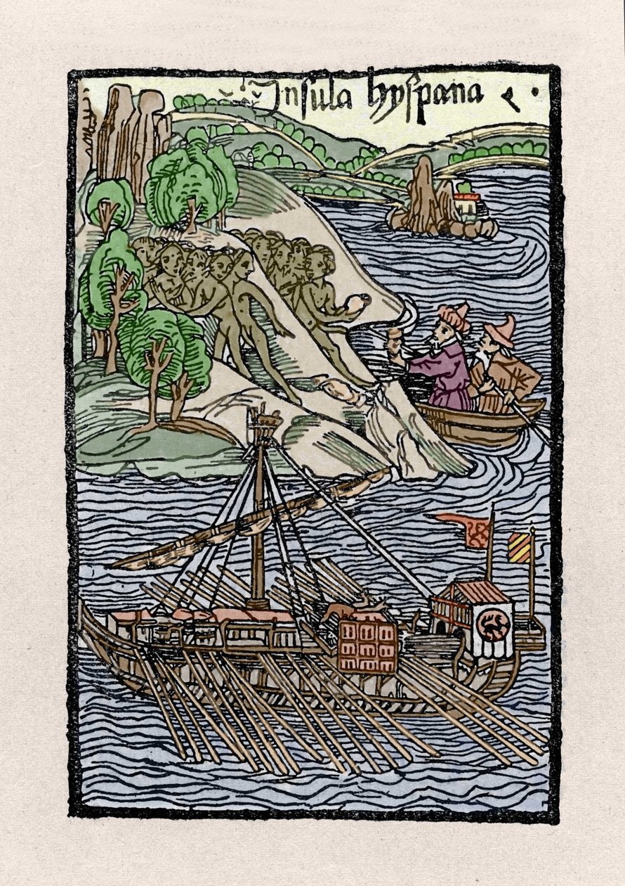 Le débarquement à Hispaniola par Christophe Colomb (1451-1506). Gravure de « De insulis in mare Indico super inventis », Bâle 1493-1494 (traduction latine du rapport de Colomb au roi d