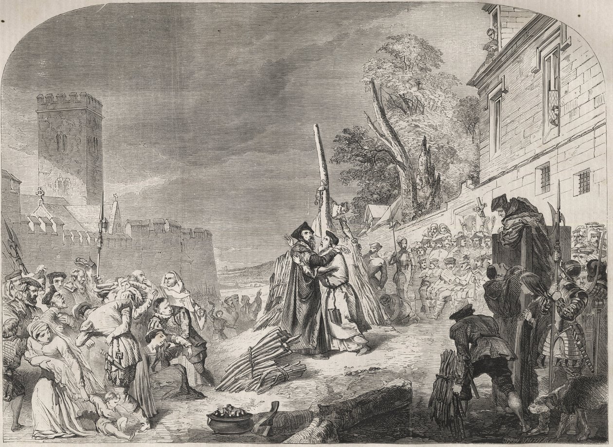 Le bûcher des évêques Nicholas Ridley et Hugh Latimer près des portes du Balliol College, Oxford, Angleterre - Unknown artist