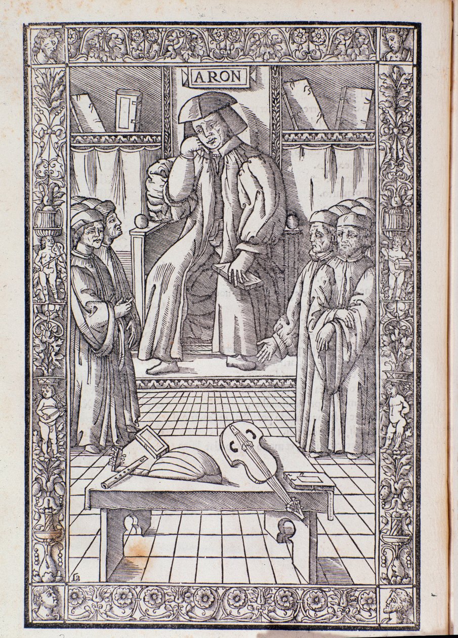 Le compositeur et théoricien musical Pietro Aaron parmi ses étudiants. Illustration de Toscanello in musica - Unknown artist