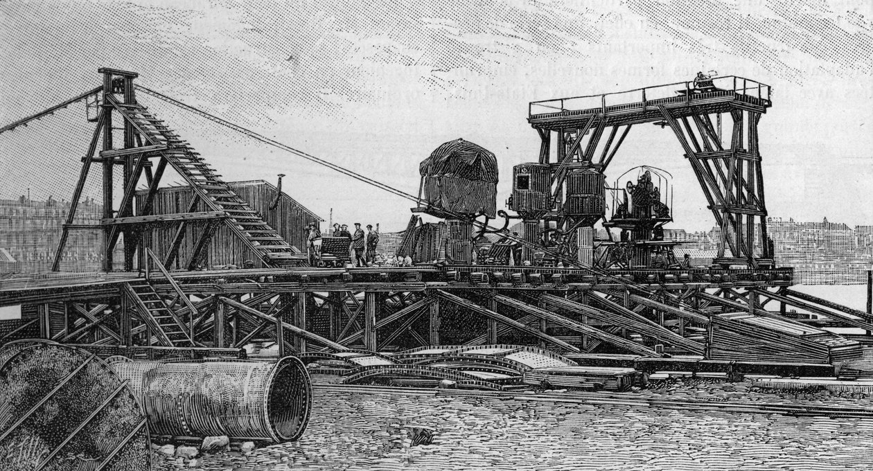 Construction du pont Mirabeau à Paris (1893) : le pont de service (d