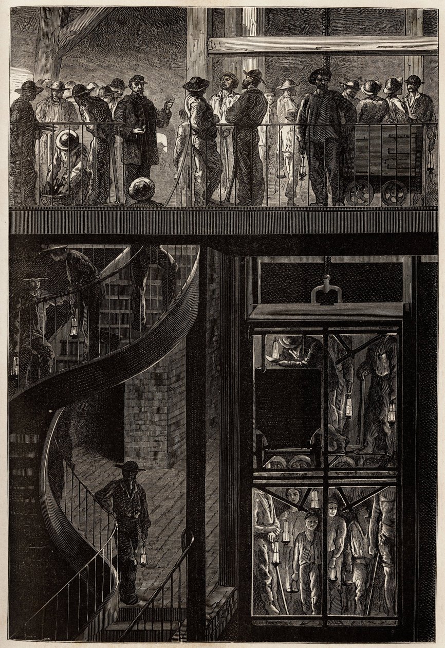 La descente des mineurs (hommes, femmes et enfants) par la cage d