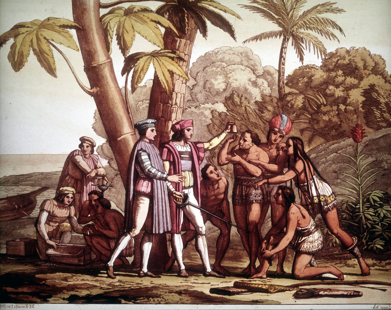 Les premiers Indiens apparus à Christophe Colomb à son arrivée en Amérique, - dans « Le costume ancien et moderne » de Jules Ferrario - Unknown artist