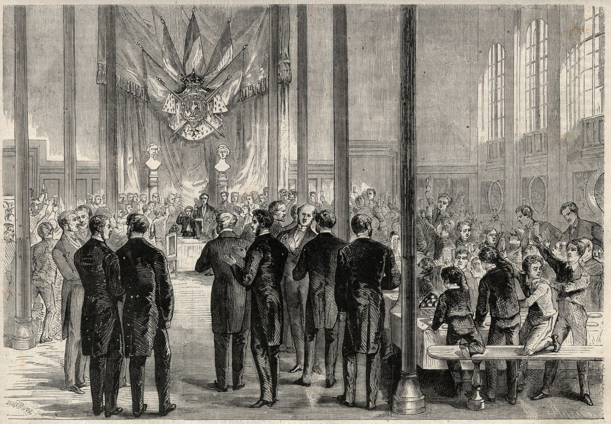 Le prince impérial Eugène Louis Joseph (1856-1879) assistant au banquet de la Saint-Charlemagne à Paris, au lycée Bonaparte (puis lycée Condorcet). Gravure dans « L