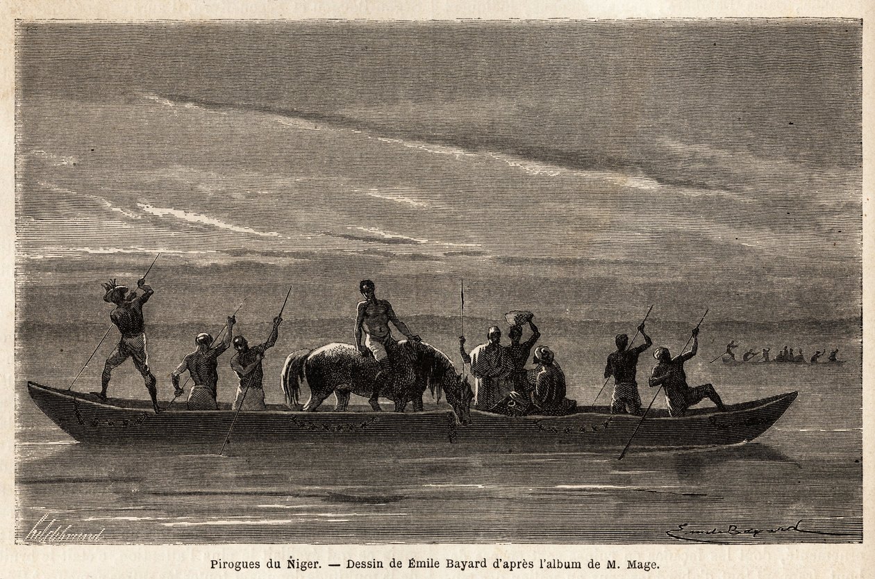 Les longues pirogues des Bambaras sur le fleuve Niger, manœuvrées avec de longues perches, peuvent transporter plusieurs personnes et même du bétail ou des chevaux. Gravure pour illustrer le voyage au Soudan occidental du lieutenant (Marine) M. Mage, en 18 - Unknown artist